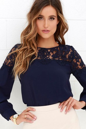 - Shirt Blouse Long Top Lace Navy Navy - - Lulus - Sleeve Top Blue