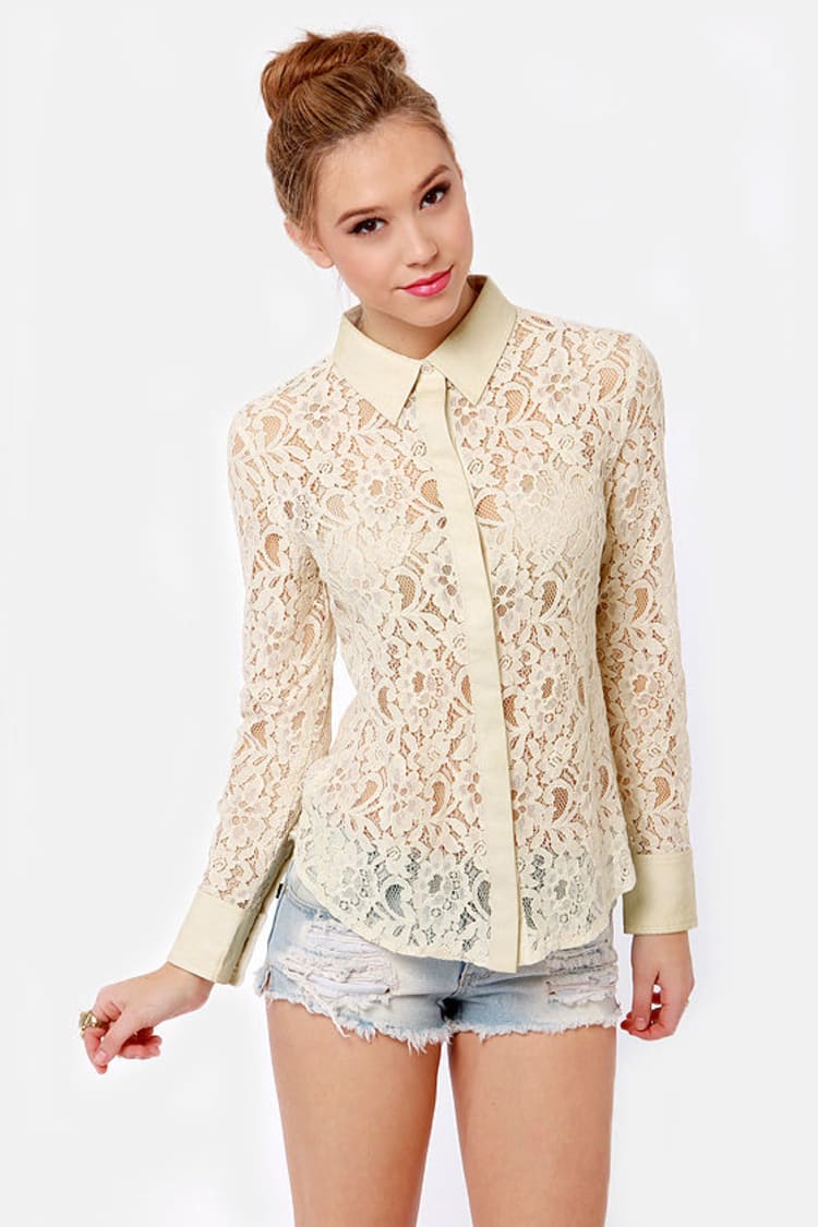 Pretty Romantic Cream Lace Button-Up Top