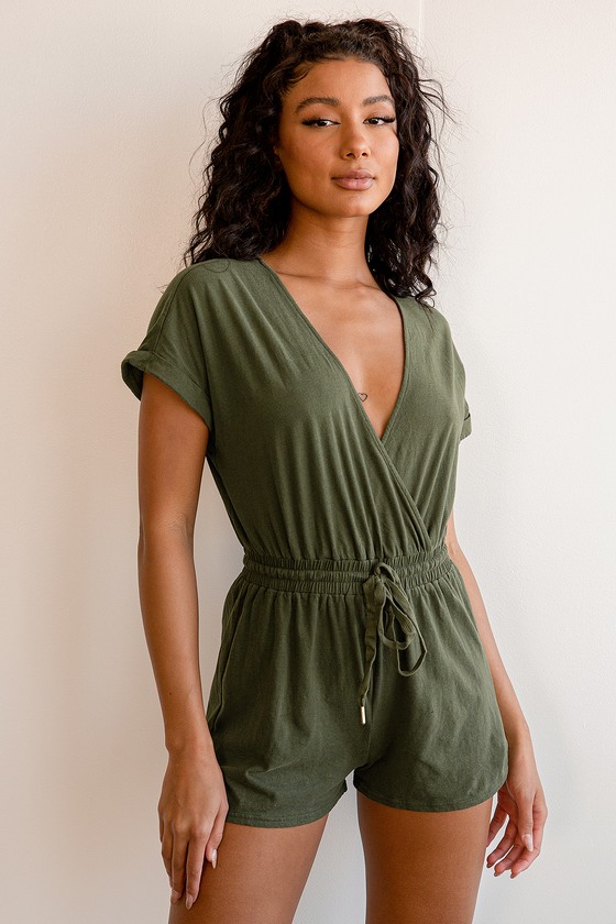 Cute Olive Green Romper - Short Sleeve Romper - Drawstring Romper - Lulus