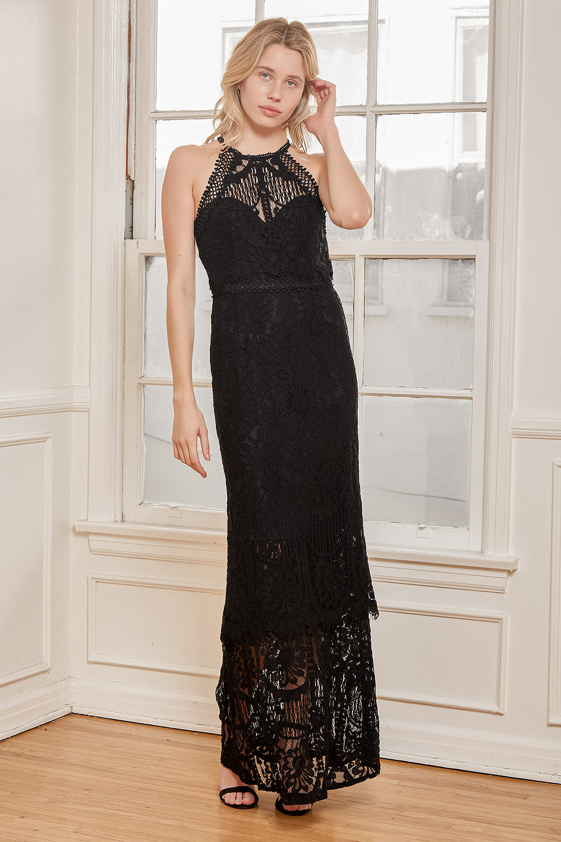 Magic in the Moment Black Lace Tiered Maxi Dress