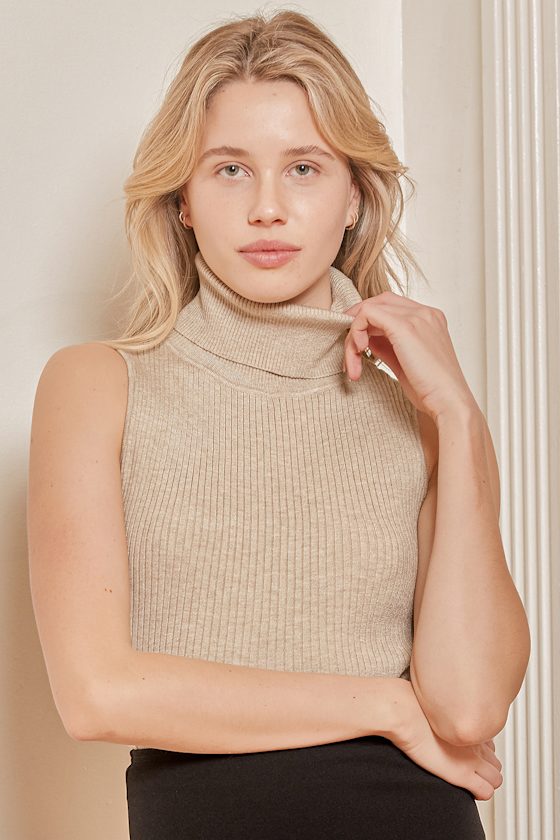Naomi Taupe Knit Turtleneck Sleeveless Sweater Top 3