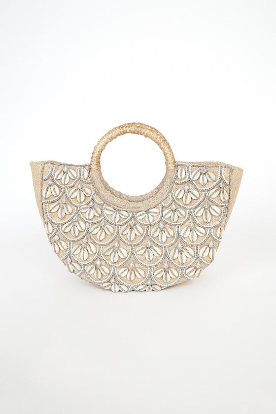Summer Walks Beige Beaded Tote Bag 2