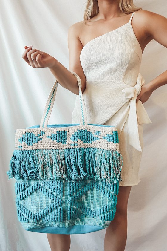 Just Beachy Turquoise and Beige Fringe Tote Bag 2