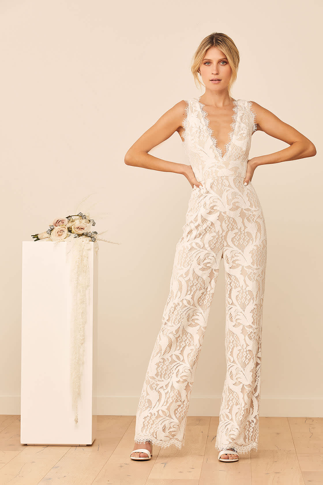 White Lace Rehearsal Dinner Jumpsuit for Bride with Wide Leg