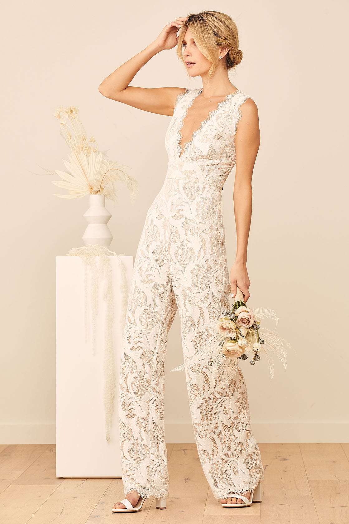 Bridal Jumpsuit for Wedding with Lace and Wide Leg