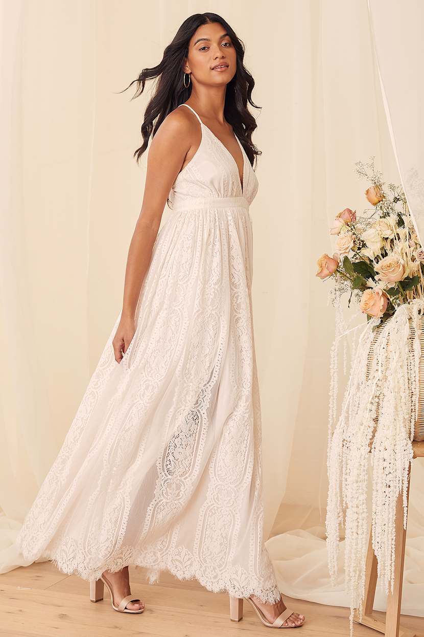 White Lace Maxi - Plunging Lace Maxi - Empire Waist Maxi Dress - Lulus