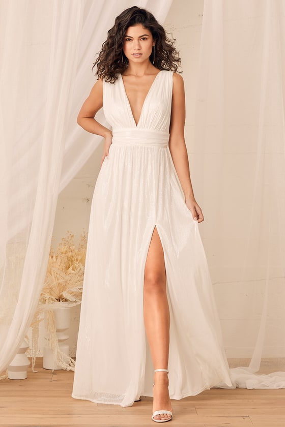 White Maxi Dress - Sequin Maxi Dress - V-Neck Maxi Dress - Lulus