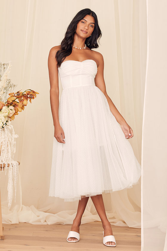 All This Love White Dotted Mesh Strapless Midi Dress
