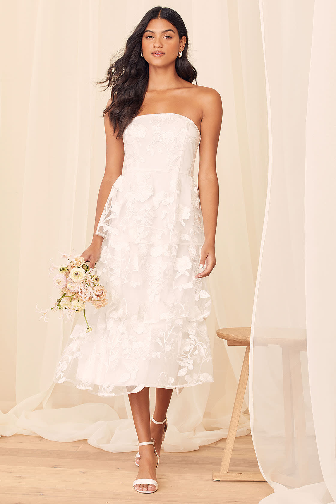 Loving With You White Embroidered Tiered Strapless Midi Dress