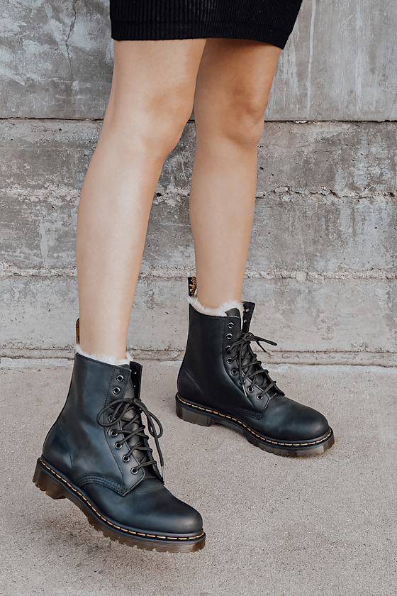 1460 Serena Black Burnished Leather Lace-Up Platform Boots 1