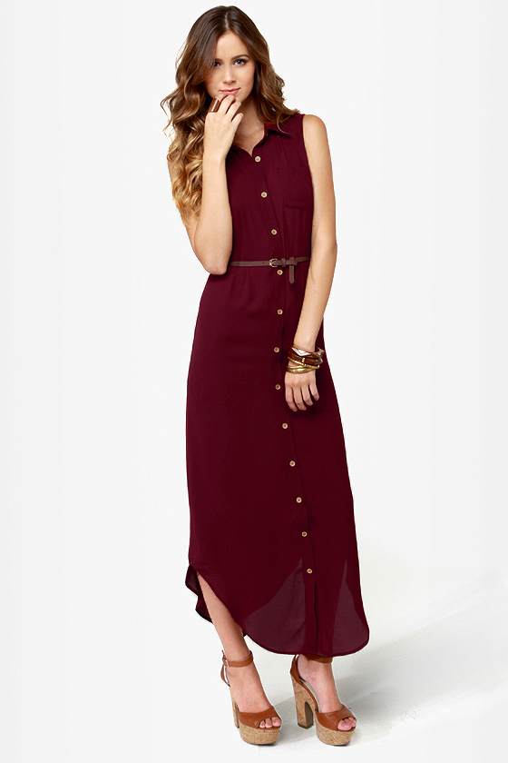Shirt-ley Temple Button-Up Burgundy Maxi Dress