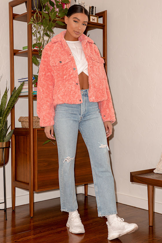 Teddy Swing Coral Pink Faux Fur Jacket 5