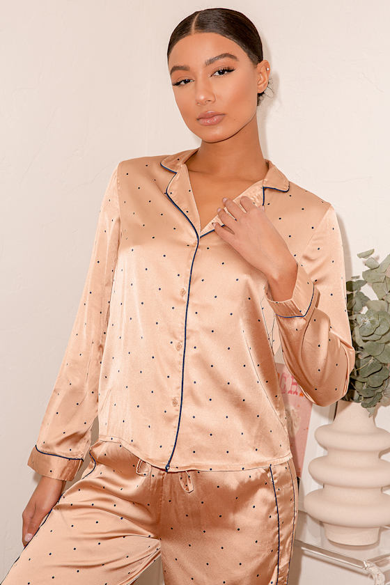 Fanny Beige Polka Dot Satin Two-Piece Pajama Set 6