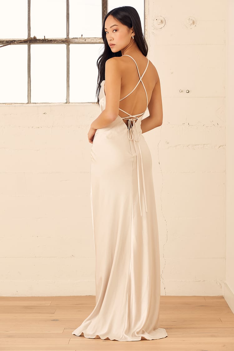 Connected At Heart Champagne Satin Cowl Neck Lace-Up Maxi Dress