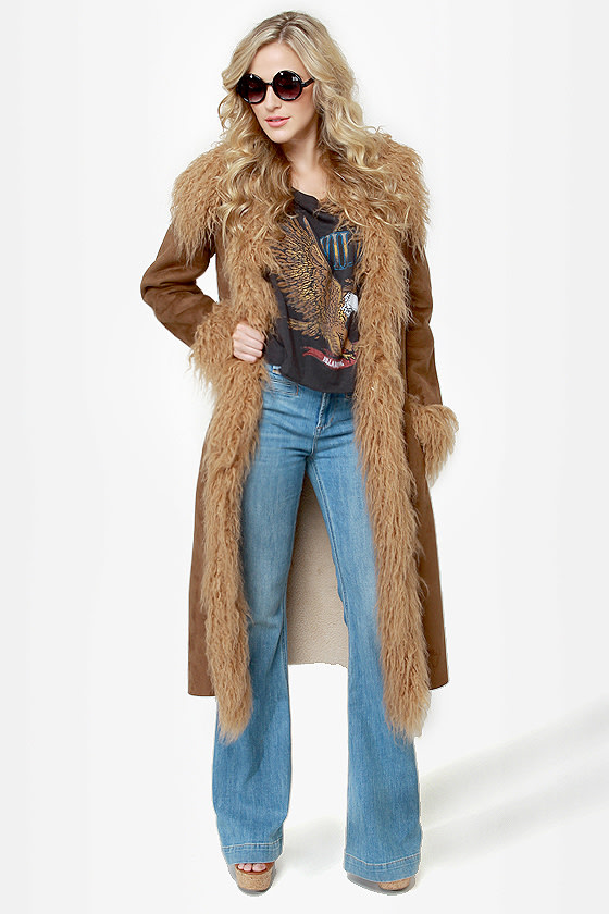 BB Dakota Blinda Coat - Brown Coat - Vegan Suede Coat - Faux Fur Trim