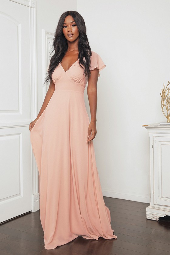 Heart of Passion Blush Pink Flutter Sleeve Lace-Up Maxi Dress