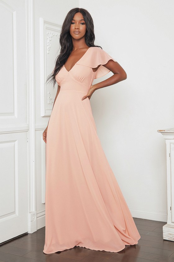 Blush Pink Dress Flutter Sleeve Maxi Dress Lace Up Maxi Dress