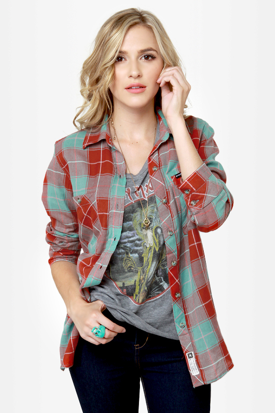 Hurley Wilson Turquoise and Red Flannel Plaid Top