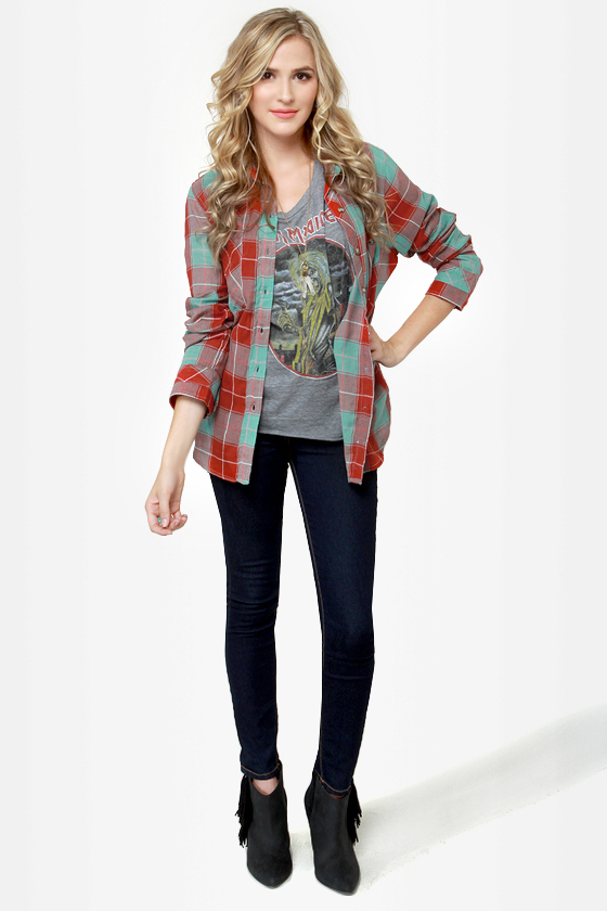 Hurley Wilson Turquoise and Red Flannel Plaid Top