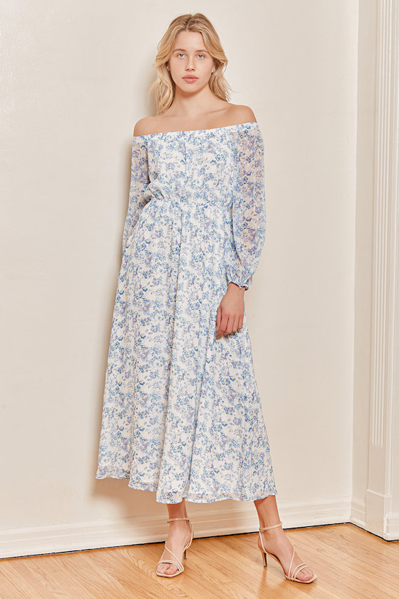 Blue Floral Print Dress - Long Sleeve 