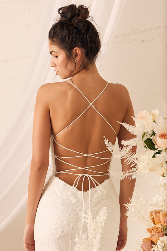 White Glitter Lace Dress - White Lace-Up Maxi - Embroidered