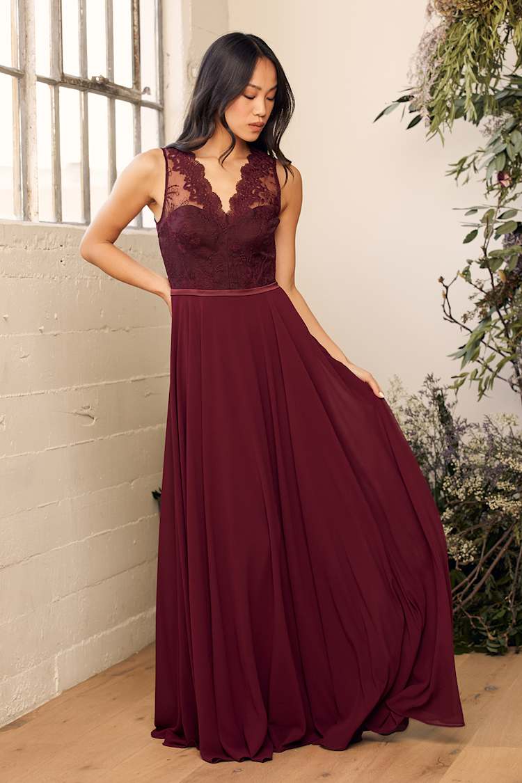 Elegant Burgundy Maxi - Lace Maxi Dress - Burgundy Chiffon Maxi
