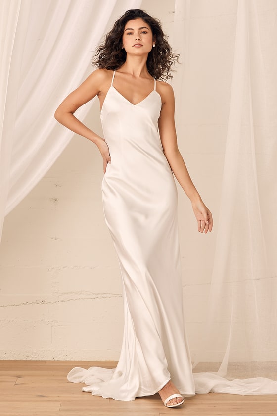 Plus Size White Satin V-Neck Gown by Cinderella Divine 7469WW – ABC Fashion
