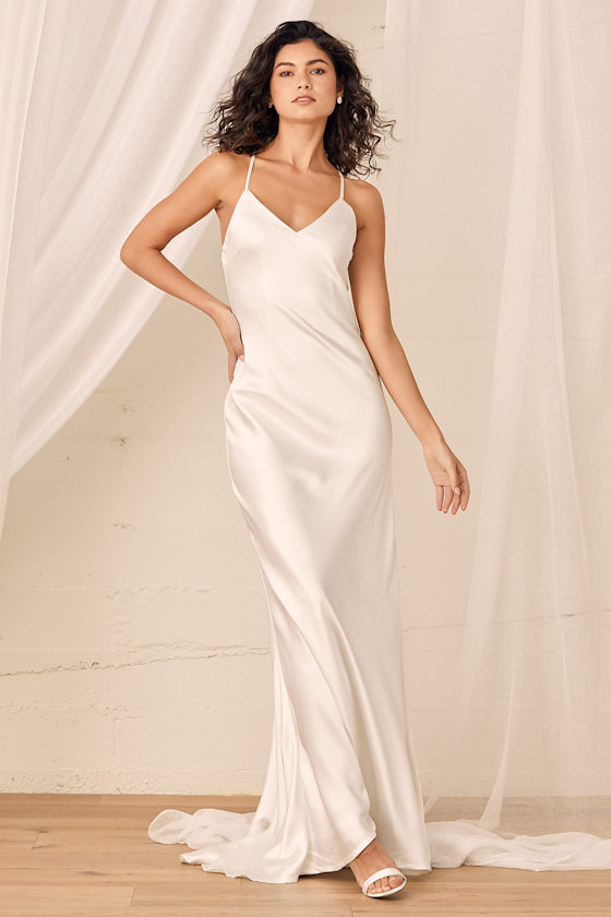 Always My Love White Satin V-Neck Maxi Dress 2