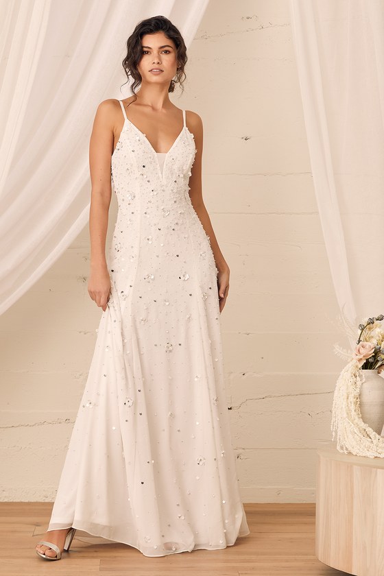 Radiant Devotion White Beaded Sleeveless Maxi Dress