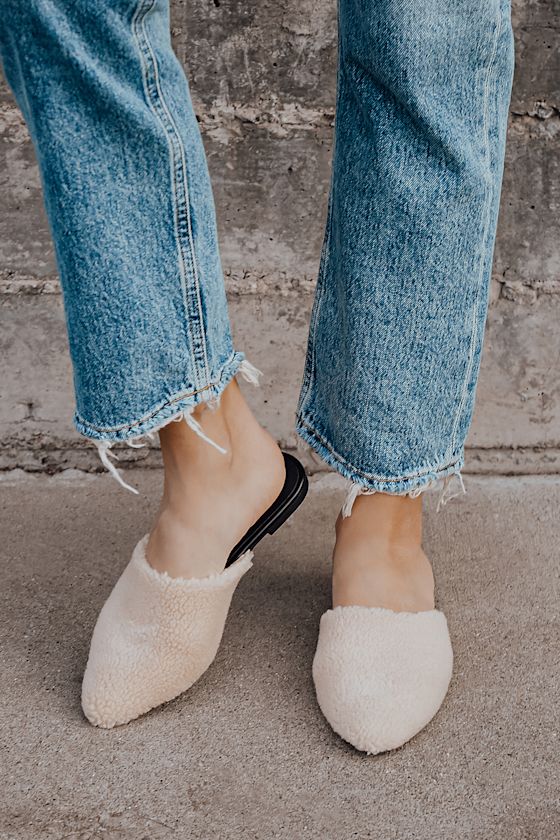 Easton Natural Faux Fur Mule Slides 1