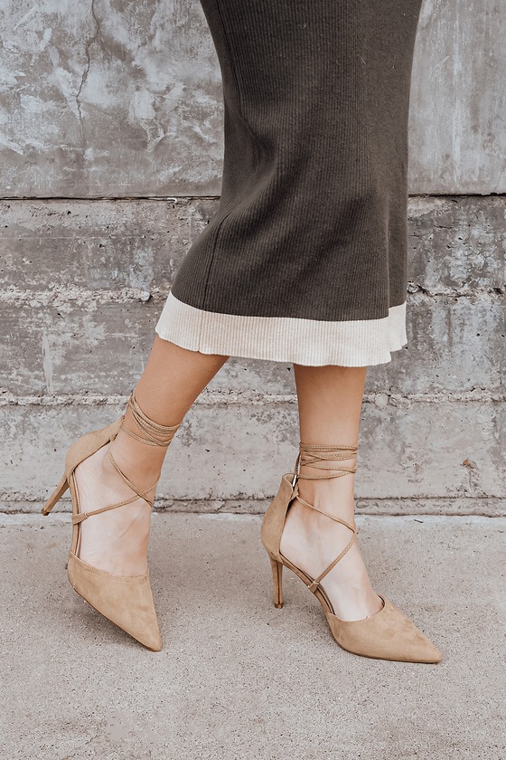 tan suede lace up heels