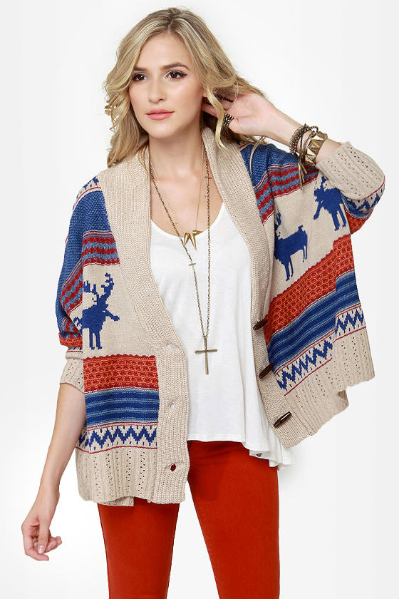Cute Cardigan Sweater - Moose Sweater - Beige Sweater - $60.00 - Lulus
