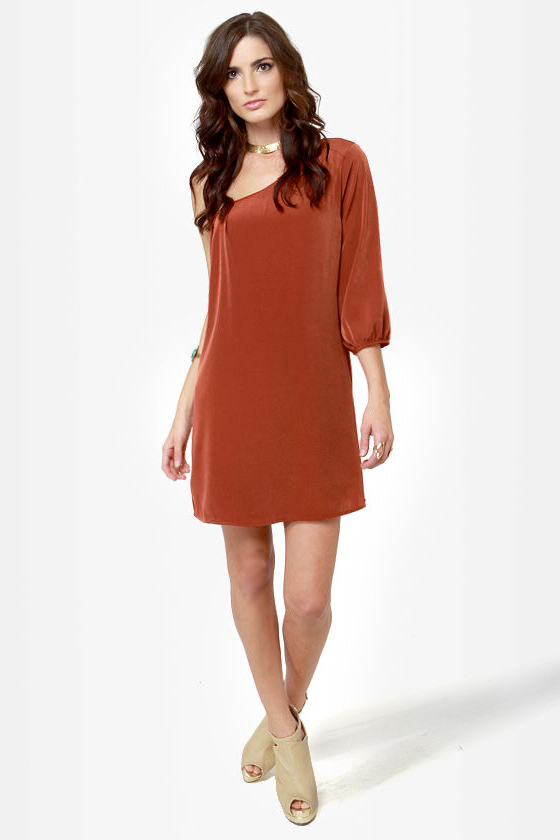 C\'mon Get Happy One Shoulder Burnt Orange Dress