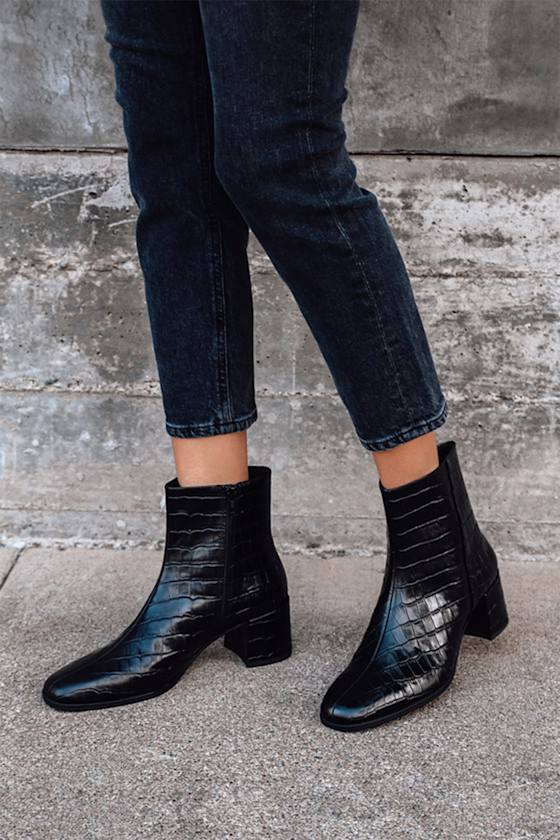 Stina Black Crocodile-Embossed Leather Ankle Booties 6