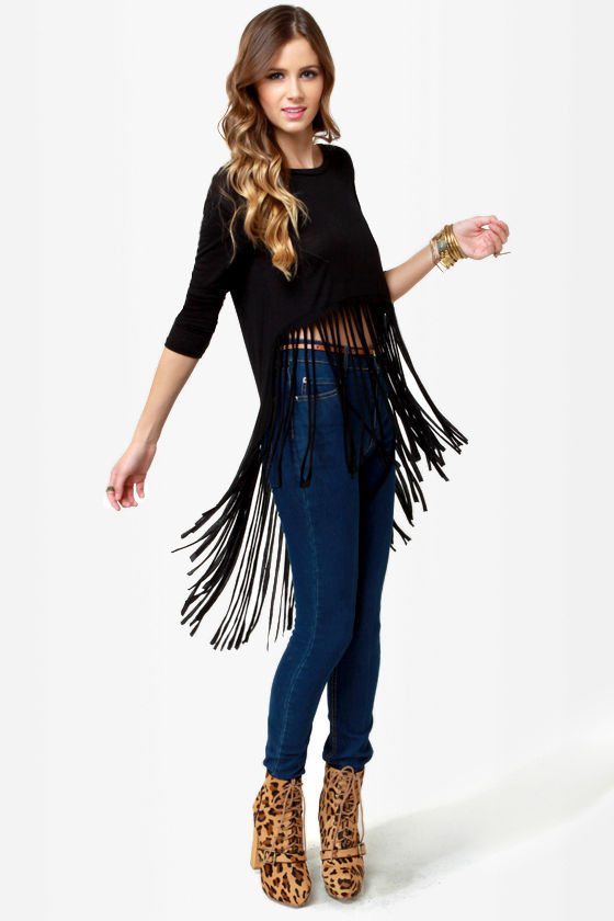 Awesome Black Top Fringe Top Long Sleve Top 27.00 Lulus