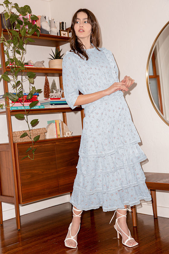 Bouquet for You Light Blue Floral Print Tiered Midi Dress 4