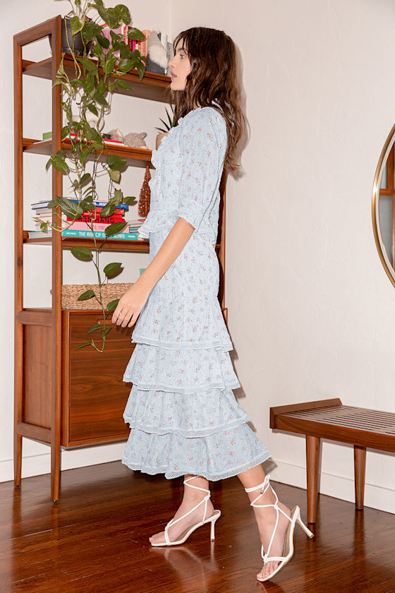Bouquet for You Light Blue Floral Print Tiered Midi Dress 5