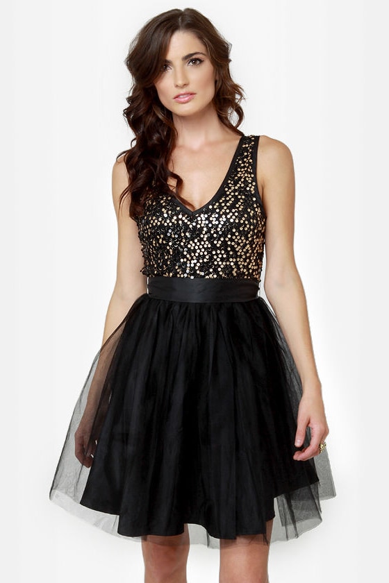 black sequin tulle dress