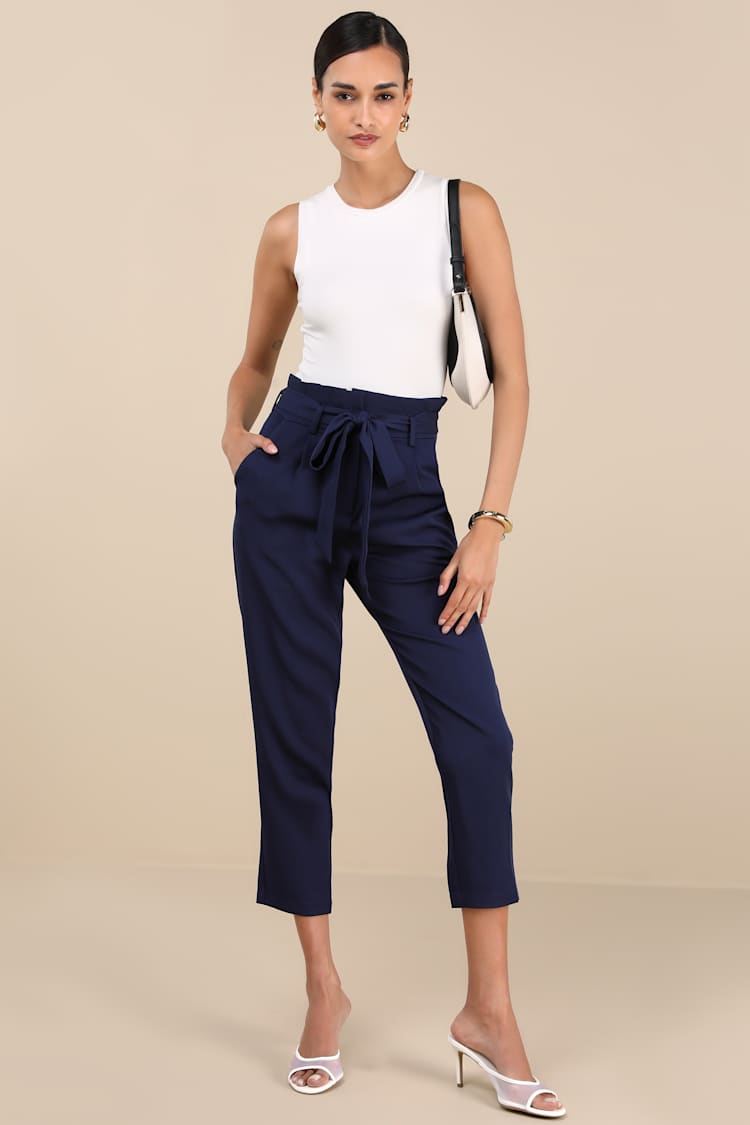 Chic Navy Blue Trousers - Paperbag Waist Pants - Office Pants - Lulus
