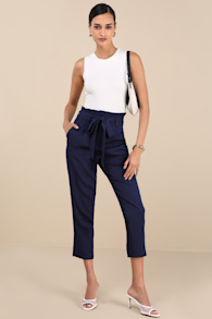 With Confidence Navy Blue Paper Bag Waist Pants 2