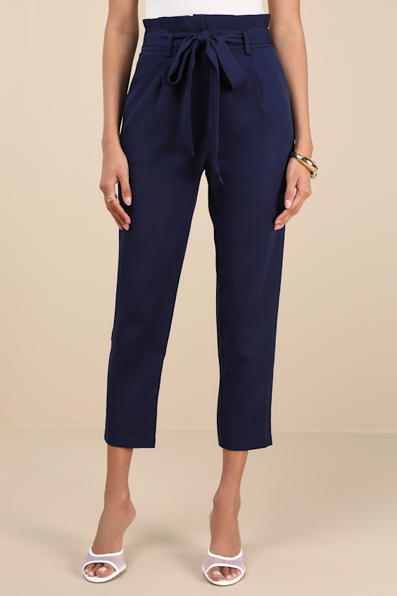 With Confidence Navy Blue Paper Bag Waist Pants 4