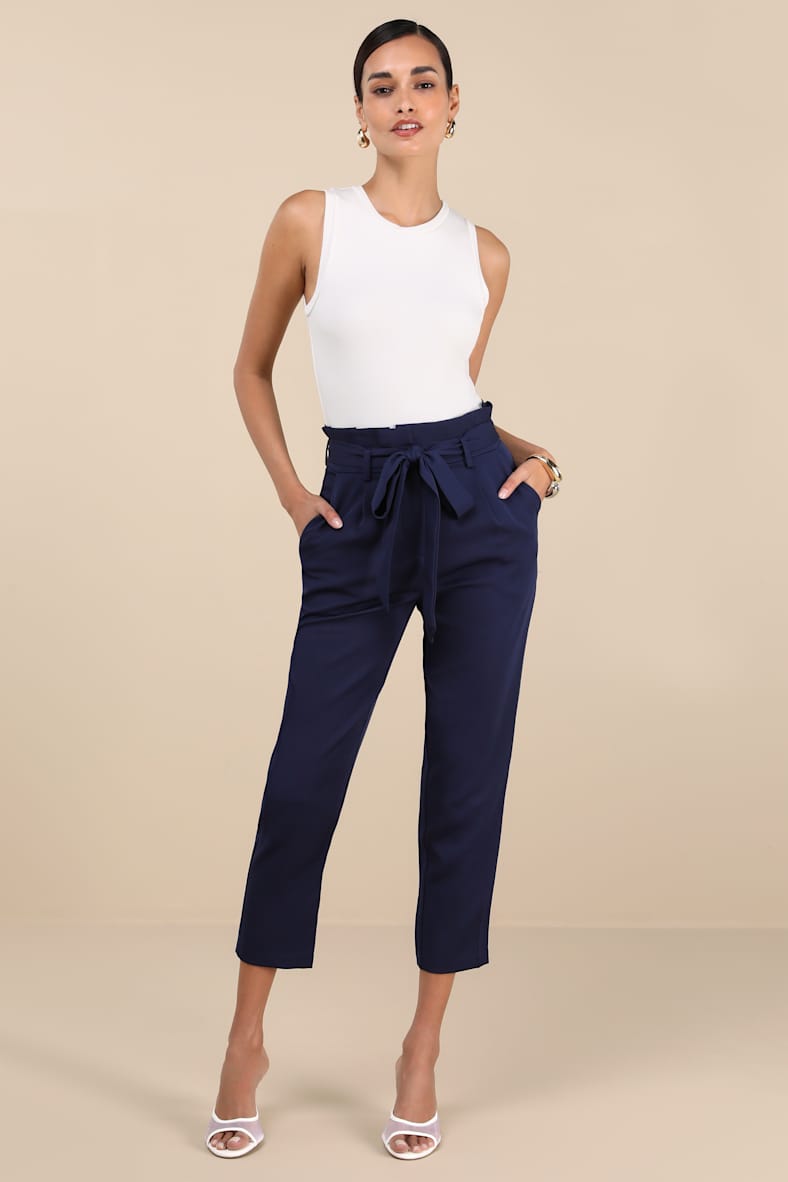 With Confidence Navy Blue Paper Bag Waist Pants