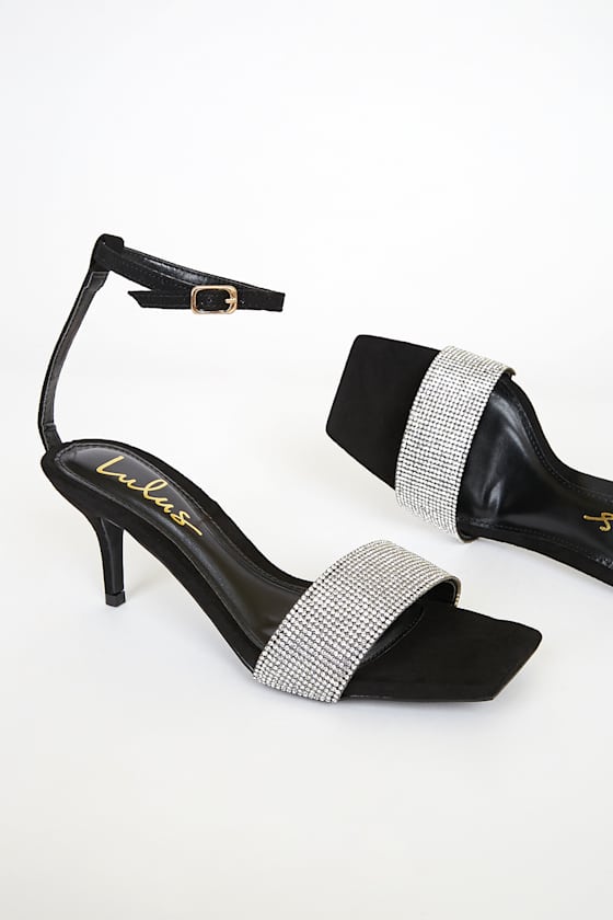 Shylaa Black Rhinestone Ankle Strap Heels 1