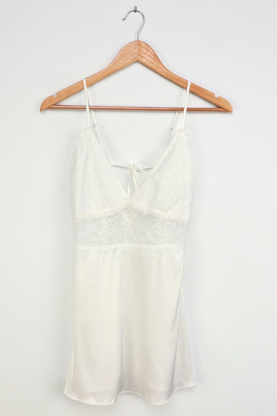 Kiss Me Goodnight White Satin Lace Slip Dress