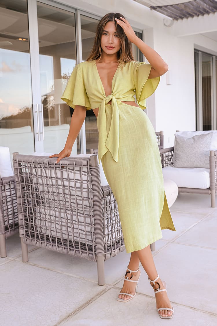 Summer Journey Light Green Tie-Front Cutout Midi Dress