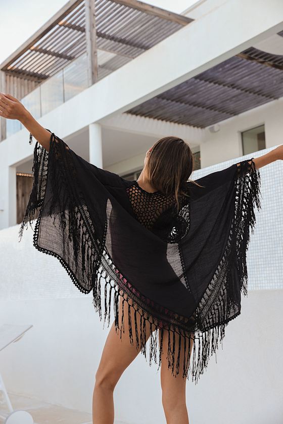 Forever Free Spirited Black Crochet Fringe Shawl 8
