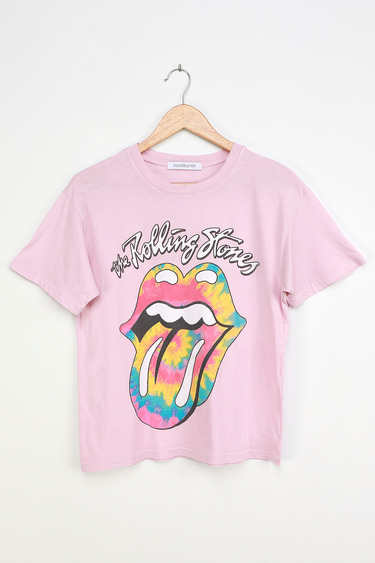 Daydreamer Rolling Stones Light Pink Tie-Dye Tongue Graphic Boyfriend Tee Shirt