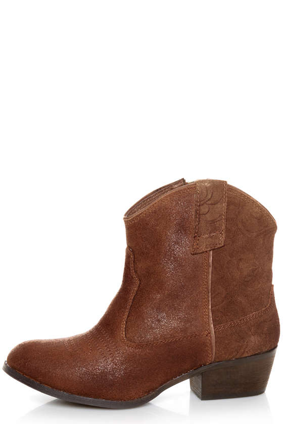 Very Volatile Zambra Brown Rose Embossed Ankle Boots