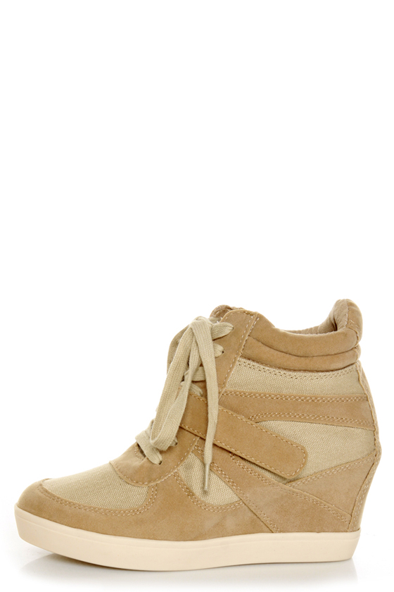 Soda Bright Light Tan and Taupe Velcro Wedge Sneakers