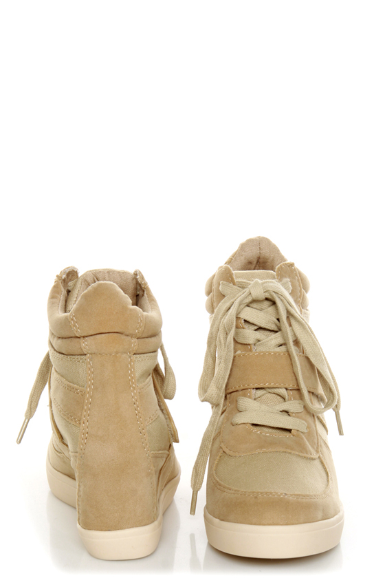 Soda Bright Light Tan and Taupe Velcro Wedge Sneakers